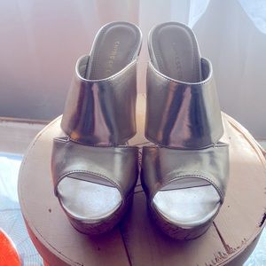 GOLD metallic cork heels, open toe slip-ons. Size 8.5. Chinese Laundry brand